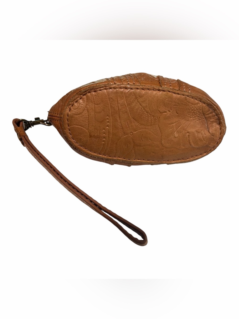 Vintage-Inspired Tan Leather Kiss-Lock Wristlet Clutch - Picture 3 of 4